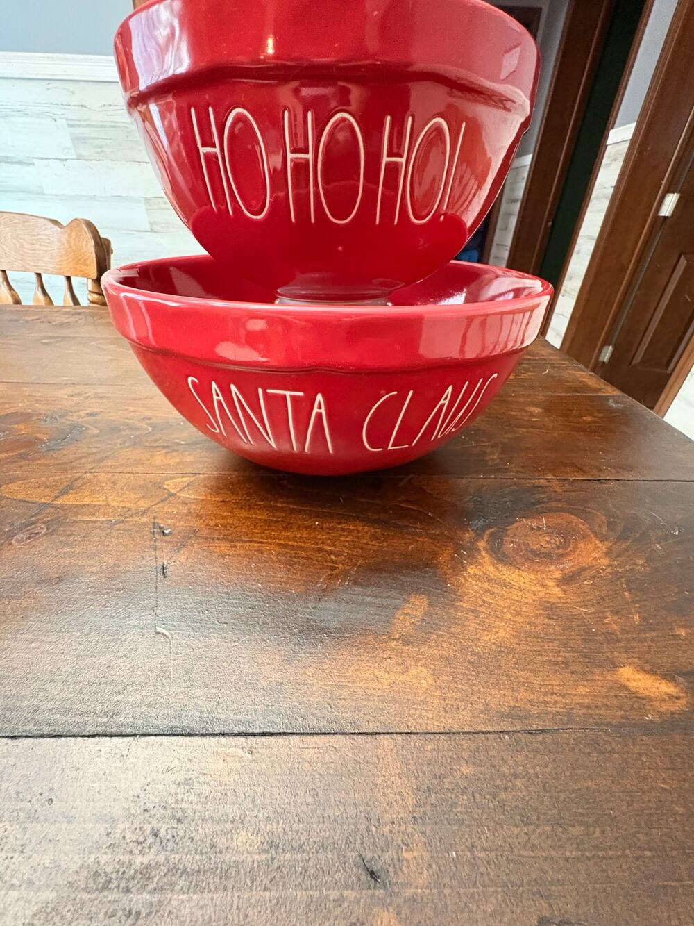 Rae Dunn Christmas Mixing Bowls Set of 2 Red Santa Claus Ho Ho Ho Magenta